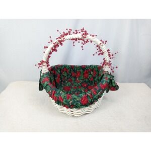White Wicker Christmas Basket Red Berry Handle Poinsettia Liner Holiday Decor